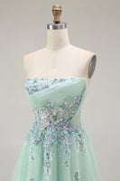 Load image into Gallery viewer, Green Floral Strapless A Line Maxi Prom Dress with Appliques