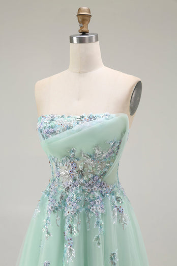 Green Floral Strapless A Line Maxi Prom Dress with Appliques