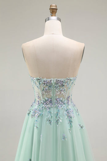 Green Floral Strapless A Line Maxi Prom Dress with Appliques