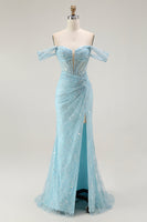Load image into Gallery viewer, Sparkly Blue Off the Shoulder Mermaid Long Corset Prom Dress with Slit