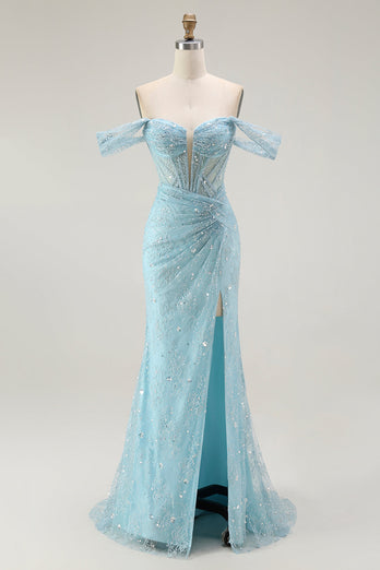 Sparkly Blue Off the Shoulder Mermaid Long Corset Prom Dress with Slit