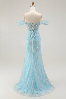Sparkly Blue Off the Shoulder Mermaid Long Corset Prom Dress with Slit