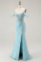 Load image into Gallery viewer, Sparkly Blue Off the Shoulder Mermaid Long Corset Prom Dress with Slit