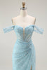 Load image into Gallery viewer, Sparkly Blue Off the Shoulder Mermaid Long Corset Prom Dress with Slit
