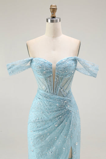 Sparkly Blue Off the Shoulder Mermaid Long Corset Prom Dress with Slit