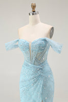 Load image into Gallery viewer, Sparkly Blue Off the Shoulder Mermaid Long Corset Prom Dress with Slit
