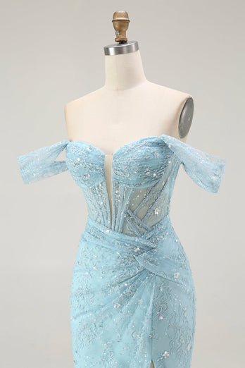 Sparkly Blue Off the Shoulder Mermaid Long Corset Prom Dress with Slit