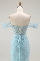 Load image into Gallery viewer, Sparkly Blue Off the Shoulder Mermaid Long Corset Prom Dress with Slit