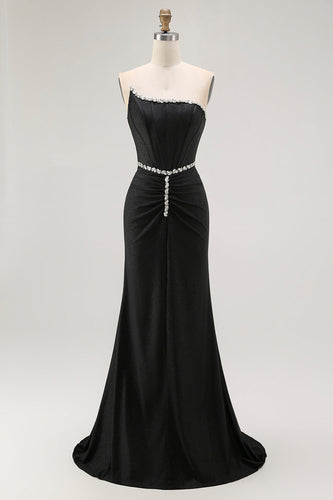 Sparkly Black Strapless Mermaid Long Corset Prom Dress