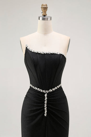 Sparkly Black Strapless Mermaid Long Corset Prom Dress