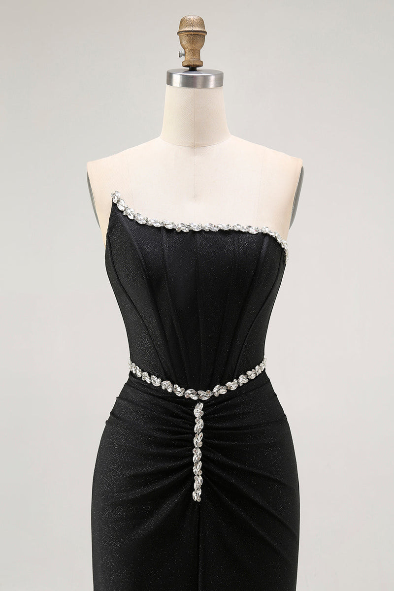 Load image into Gallery viewer, Sparkly Black Strapless Mermaid Long Corset Prom Dress