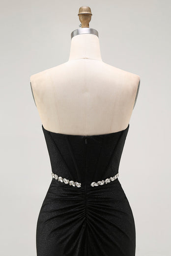 Sparkly Black Strapless Mermaid Long Corset Prom Dress