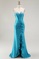 Load image into Gallery viewer, Sparkly Blue Mermaid Strapless Long Corset Prom Dress with Ruffles