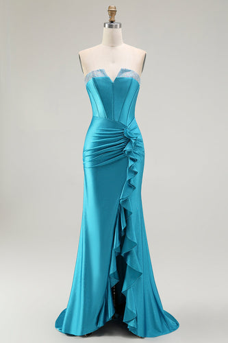 Sparkly Blue Mermaid Strapless Long Corset Prom Dress with Ruffles