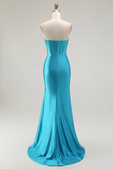 Sparkly Blue Mermaid Strapless Long Corset Prom Dress with Ruffles