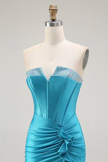 Sparkly Blue Mermaid Strapless Long Corset Prom Dress with Ruffles