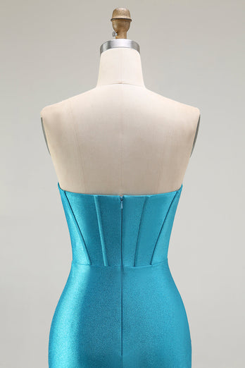 Sparkly Blue Mermaid Strapless Long Corset Prom Dress with Ruffles