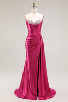 Load image into Gallery viewer, Sparkly Fuchsia Strapless Mermaid Ruched Corset Long Prom Dress