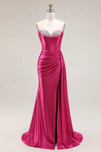 Sparkly Fuchsia Strapless Mermaid Ruched Corset Long Prom Dress