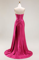 Load image into Gallery viewer, Sparkly Fuchsia Strapless Mermaid Ruched Corset Long Prom Dress
