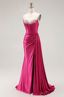 Load image into Gallery viewer, Sparkly Fuchsia Strapless Mermaid Ruched Corset Long Prom Dress