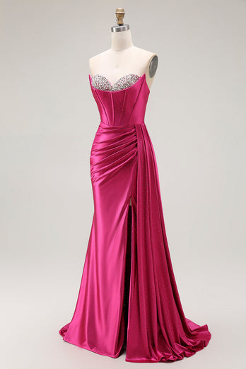 Sparkly Fuchsia Strapless Mermaid Ruched Corset Long Prom Dress