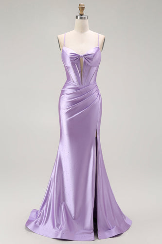 Sparkly Purple Spaghetti Straps Mermaid Long Corset Prom Dress with Slit