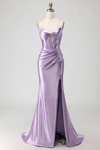Sparkly Purple Beaded Long Corset Prom Dress with Slit