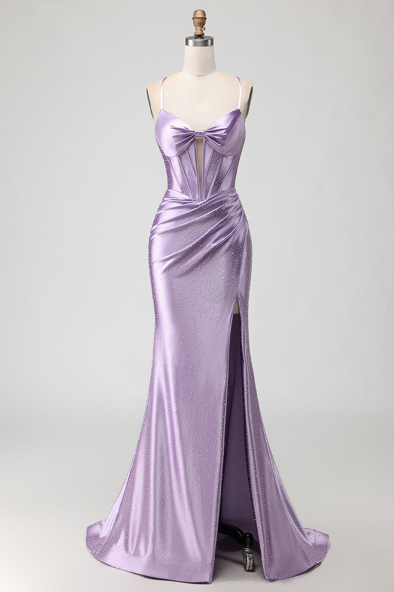 Load image into Gallery viewer, Sparkly Purple Beaded Long Corset Prom Dress with Slit