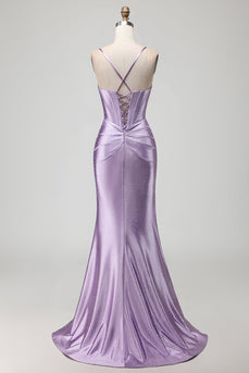 Sparkly Purple Beaded Long Corset Prom Dress with Slit