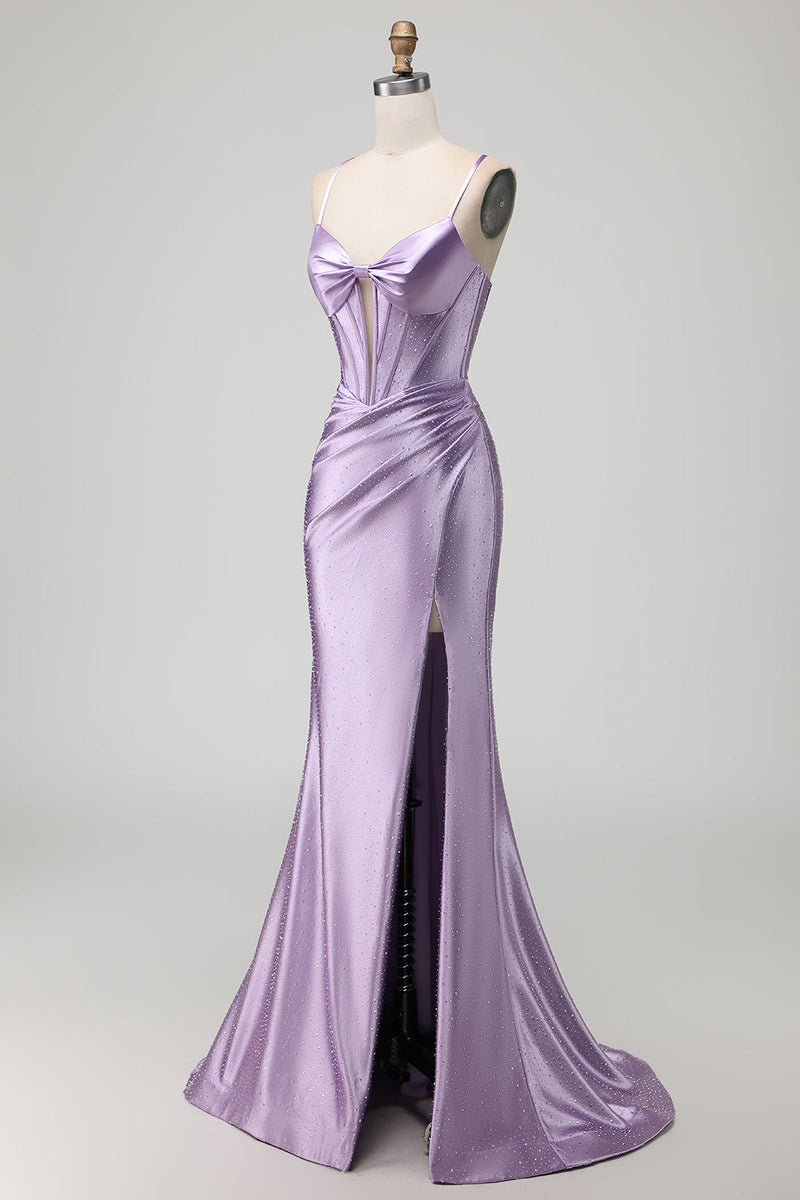 Load image into Gallery viewer, Sparkly Purple Beaded Long Corset Prom Dress with Slit