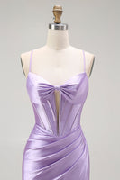Load image into Gallery viewer, Sparkly Purple Spaghetti Straps Mermaid Long Corset Prom Dress with Slit