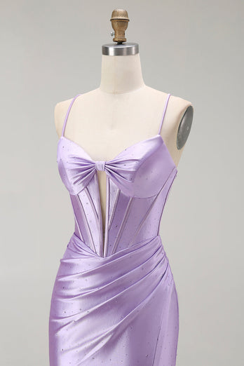 Sparkly Purple Spaghetti Straps Mermaid Long Corset Prom Dress with Slit