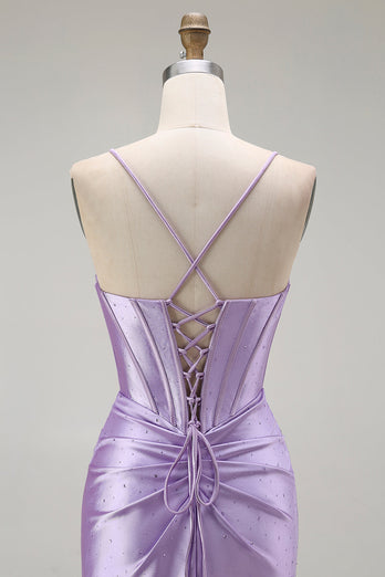 Sparkly Purple Spaghetti Straps Mermaid Long Corset Prom Dress with Slit