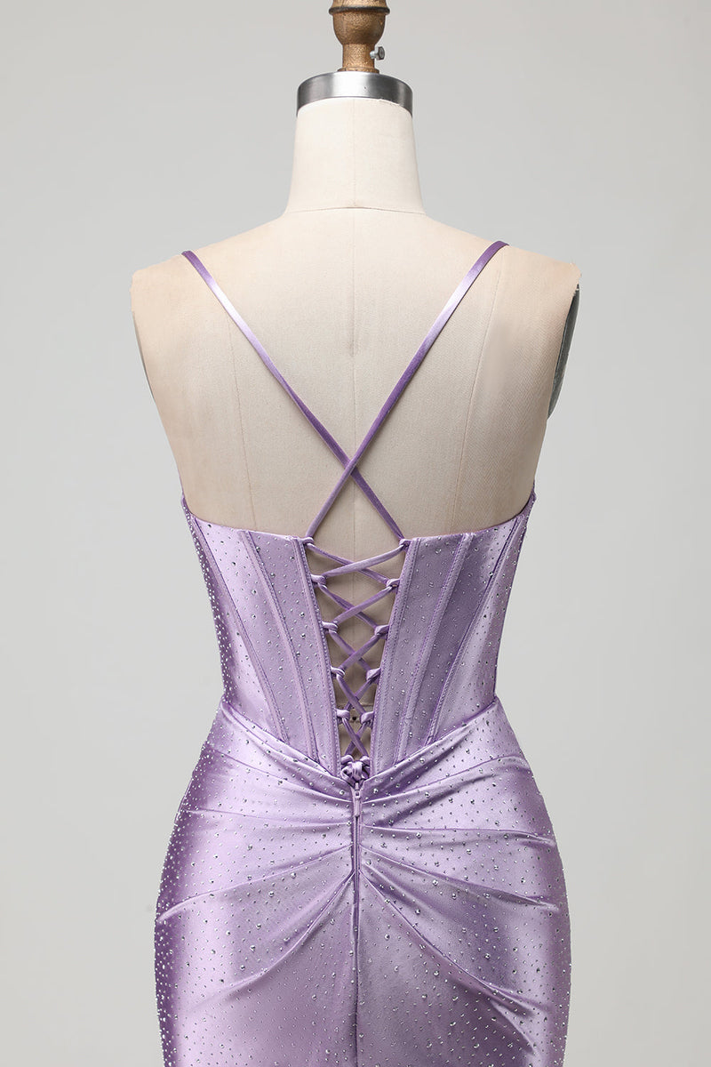 Load image into Gallery viewer, Sparkly Purple Beaded Long Corset Prom Dress with Slit