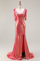 Load image into Gallery viewer, Sparkly Coral Mermaid Metallic Beaded Long Prom Dress with Slit