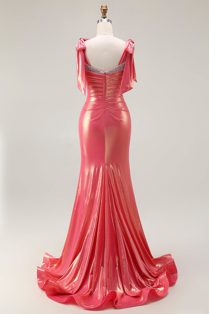 Load image into Gallery viewer, Sparkly Coral Mermaid Metallic Beaded Long Prom Dress with Slit