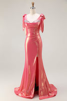 Load image into Gallery viewer, Sparkly Coral Mermaid Metallic Beaded Long Prom Dress with Slit