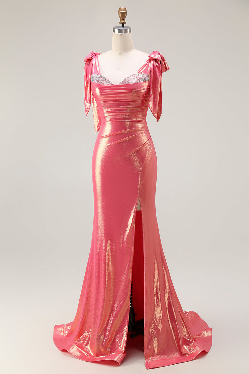 Load image into Gallery viewer, Sparkly Coral Mermaid Metallic Beaded Long Prom Dress with Slit