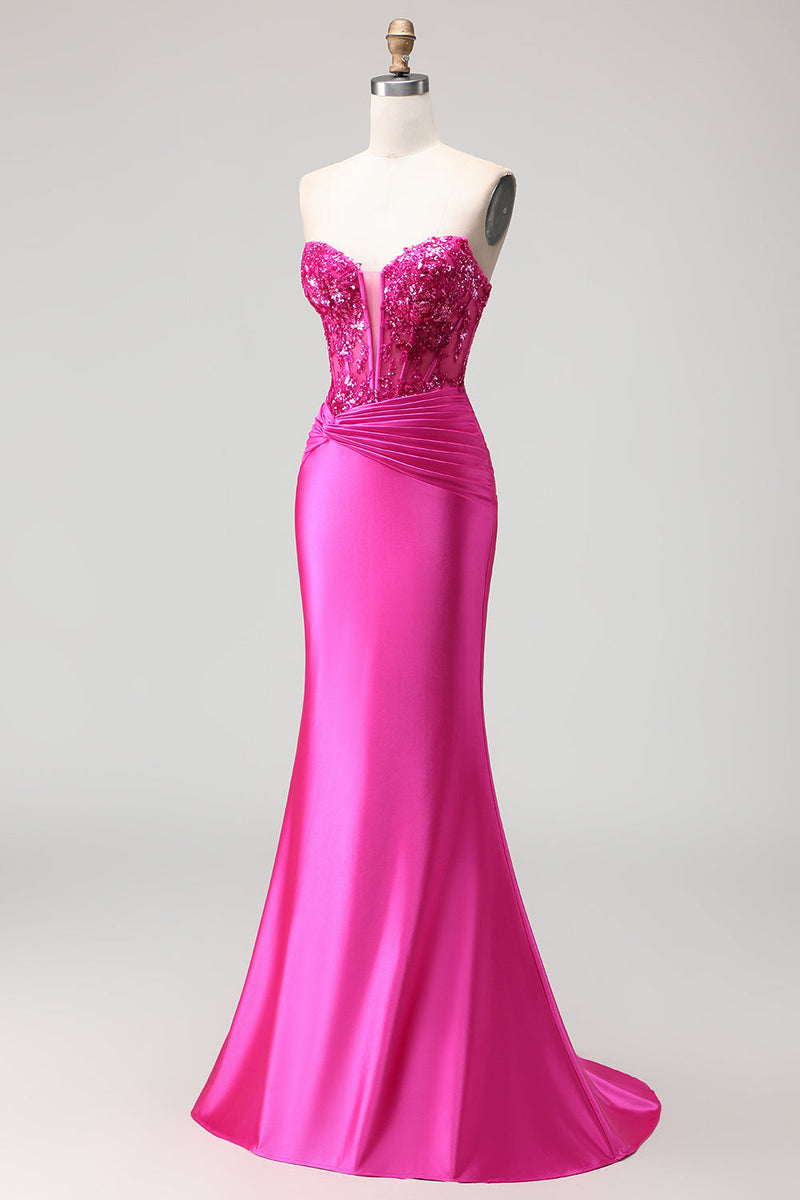 Load image into Gallery viewer, Sparkly Fuchsia Corset Mermaid Long Prom Dress with Sequins