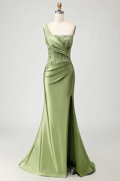 Sparkly Green Corset Mermaid Long Prom Dress with Slit