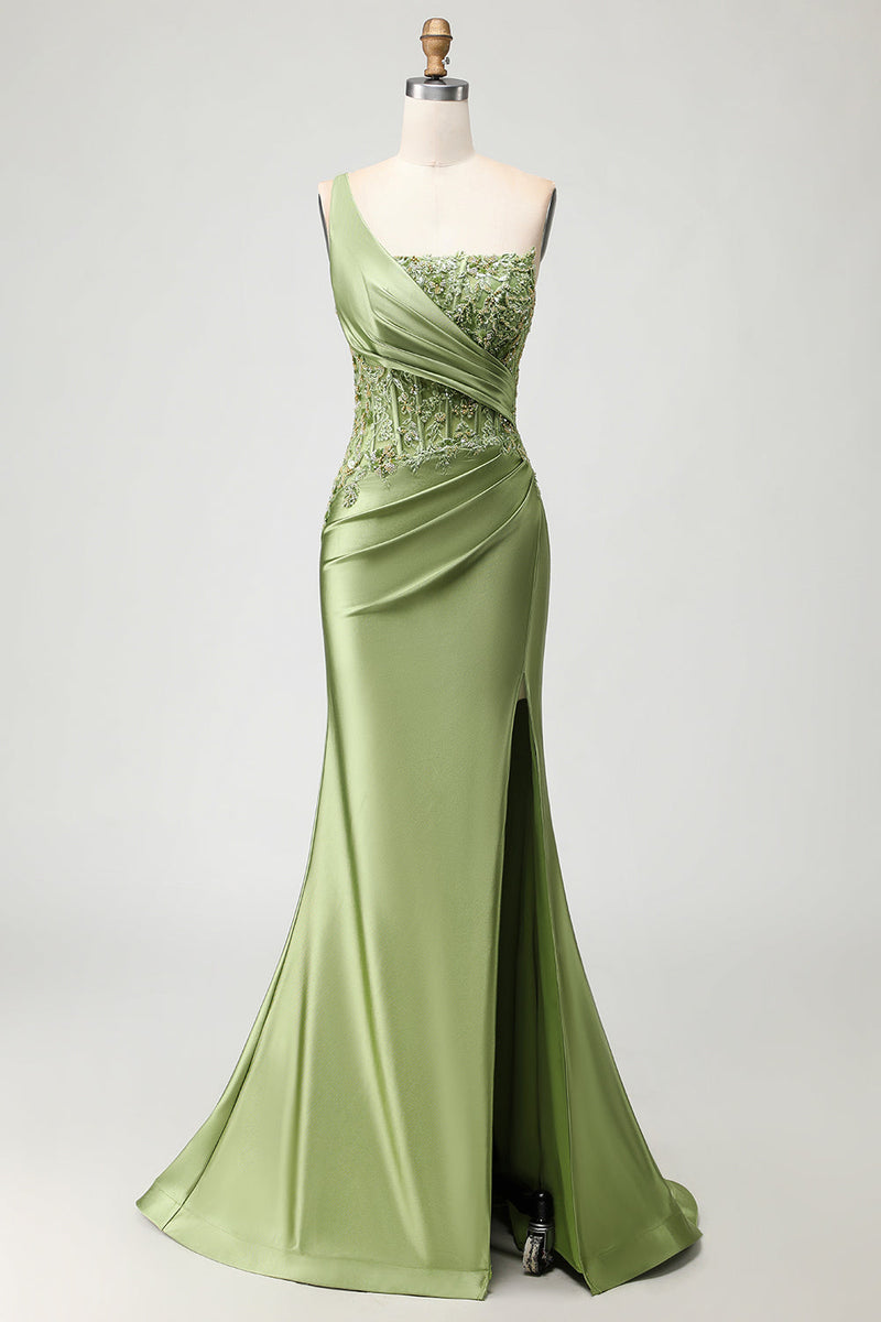 Load image into Gallery viewer, Sparkly Green Corset Mermaid Long Prom Dress with Slit