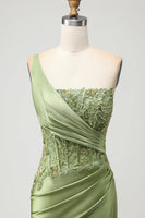 Load image into Gallery viewer, Sparkly Green Corset Mermaid Long Prom Dress with Slit