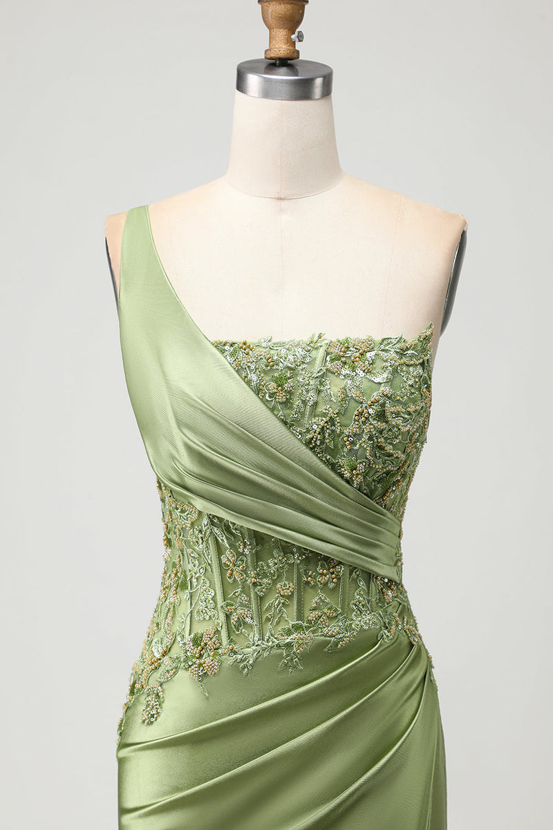 Load image into Gallery viewer, Sparkly Green Corset Mermaid Long Prom Dress with Slit