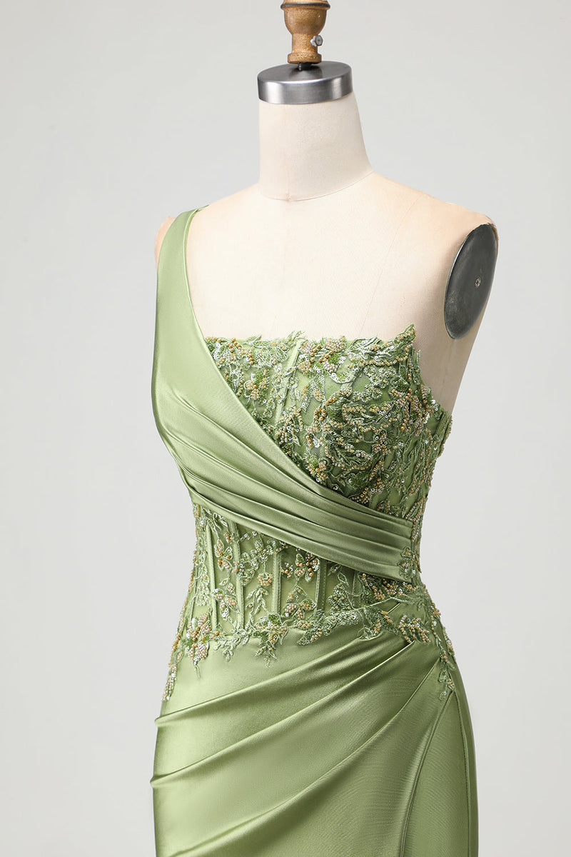 Load image into Gallery viewer, Sparkly Green Corset Mermaid Long Prom Dress with Slit