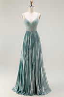 Load image into Gallery viewer, Sparkly Grey Green A Line Metallic Long Corset Prom Dress with Slit