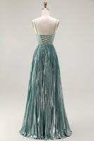 Load image into Gallery viewer, Sparkly Grey Green A Line Metallic Long Corset Prom Dress with Slit