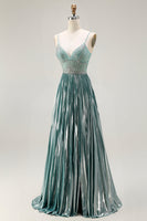 Load image into Gallery viewer, Sparkly Grey Green A Line Metallic Long Corset Prom Dress with Slit