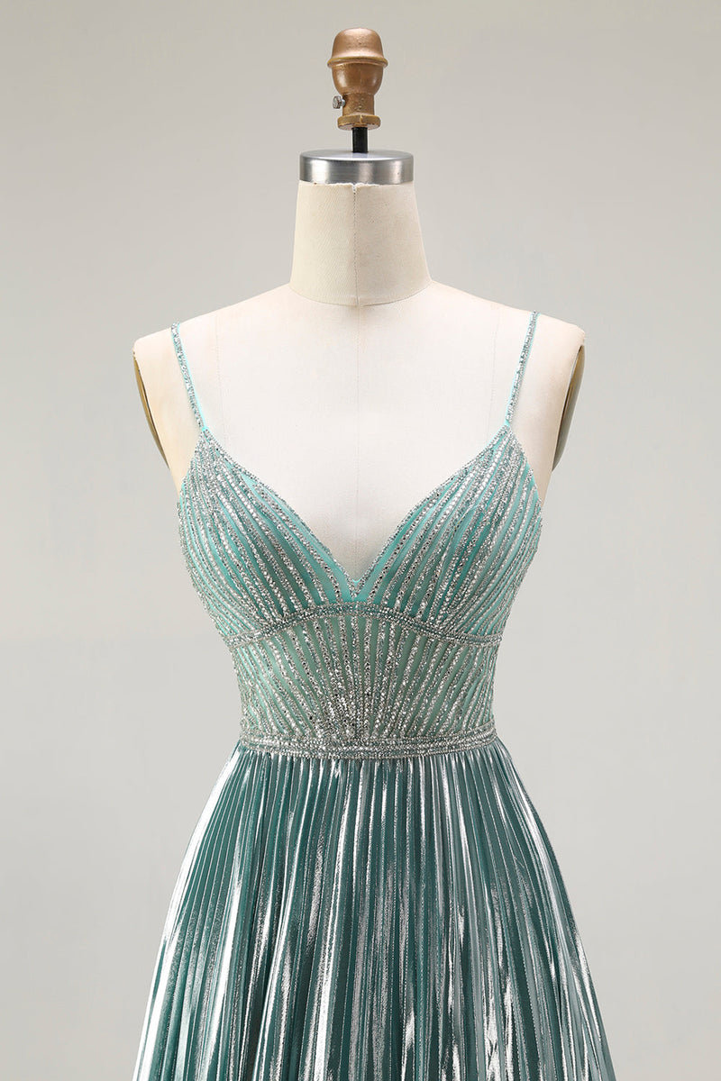Load image into Gallery viewer, Sparkly Grey Green A Line Metallic Long Corset Prom Dress with Slit