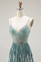 Load image into Gallery viewer, Sparkly Grey Green A Line Metallic Long Corset Prom Dress with Slit